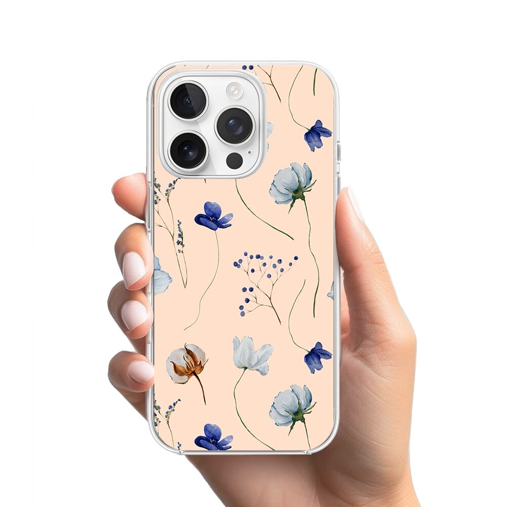 Etui do iPhone 13 Pro przeźroczyste, silikonowe Flexi, kwiatki niebieskie na pudrowym tle - obrazek 2