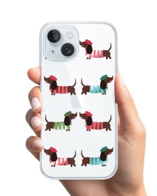 Etui do iPhone 15 przeźroczyste, silikonowe Flexi, jamnik w Paryżu