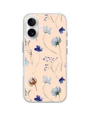 Etui do iPhone 16 przeźroczyste, silikonowe Flexi, kwiatki niebieskie na pudrowym tle
