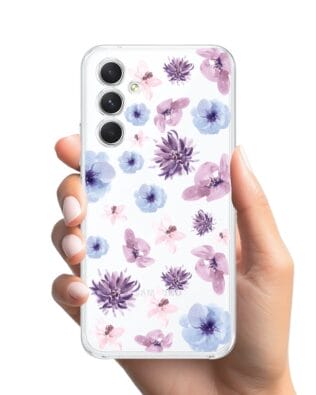 Etui do Samsung Galaxy A54 5G przeźroczyste, silikonowe Flexi, kwiatki niebieskie, fioletowe