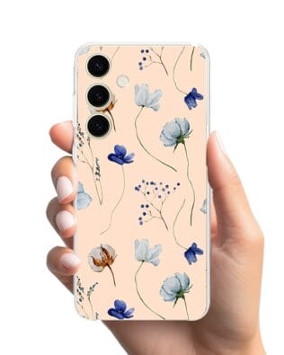 Etui do Samsung Galaxy S24 przeźroczyste, silikonowe Flexi, kwiatki niebieskie na pudrowym tle