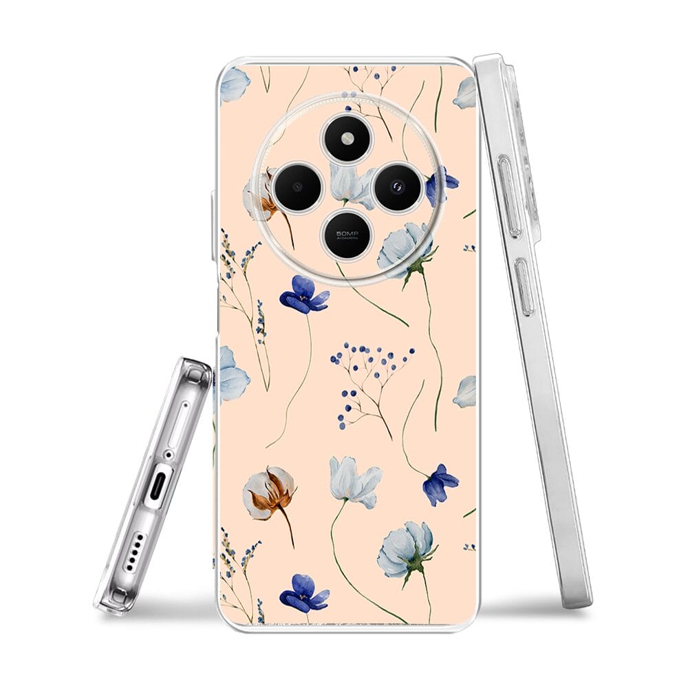 Etui do Xiaomi POCO C75 przeźroczyste, silikonowe Flexi, kwiatki niebieskie na pudrowym tle - obrazek 3