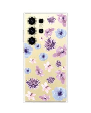 Etui do Samsung Galaxy S24 Ultra przeźroczyste, silikonowe Flexi, kwiatki niebieskie, fioletowe