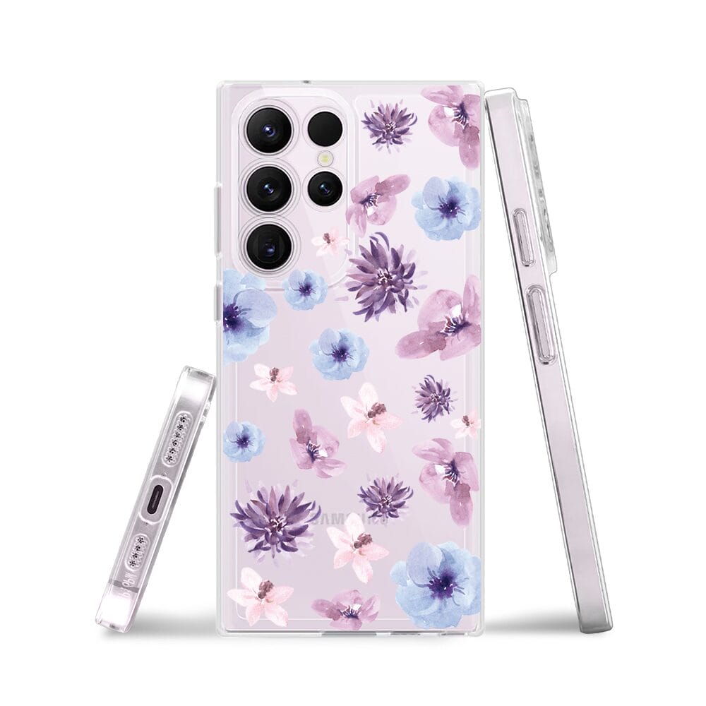 Etui do Samsung Galaxy S23 Ultra przeźroczyste, silikonowe Flexi, kwiatki niebieskie, fioletowe - obrazek 3