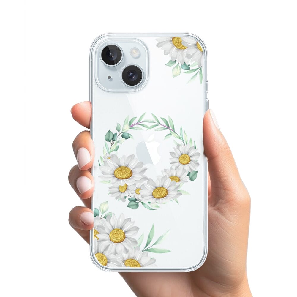 Etui do iPhone 15 przeźroczyste, silikonowe Flexi, wianek stokrotek - obrazek 2