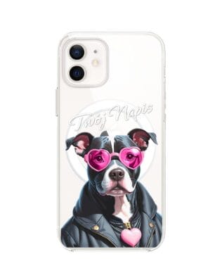Etui do iPhone 12 Mini z MagSafe przeźroczyste, silikonowe Flexi, Puppy Love, pies rasy Amstaff