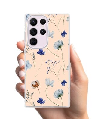 Etui do Samsung Galaxy S23 Ultra z MagSafe przeźroczyste, silikonowe Flexi, kwiatki niebieskie na pudrowym tle