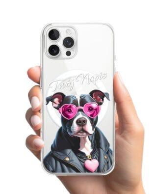 Etui do iPhone 12 Pro z MagSafe przeźroczyste, silikonowe Flexi, Puppy Love, pies rasy Amstaff