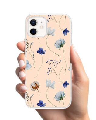 Etui do iPhone 12 Mini z MagSafe przeźroczyste, silikonowe Flexi, kwiatki niebieskie na pudrowym tle