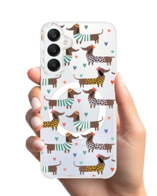 Etui do Samsung Galaxy A25 5G z MagSafe przeźroczyste, silikonowe Flexi, zakochane jamniki