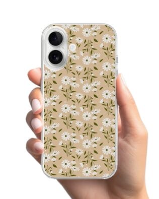 Etui do iPhone 16 przeźroczyste, silikonowe Flexi, delikatne kwiatki na cielistym tle