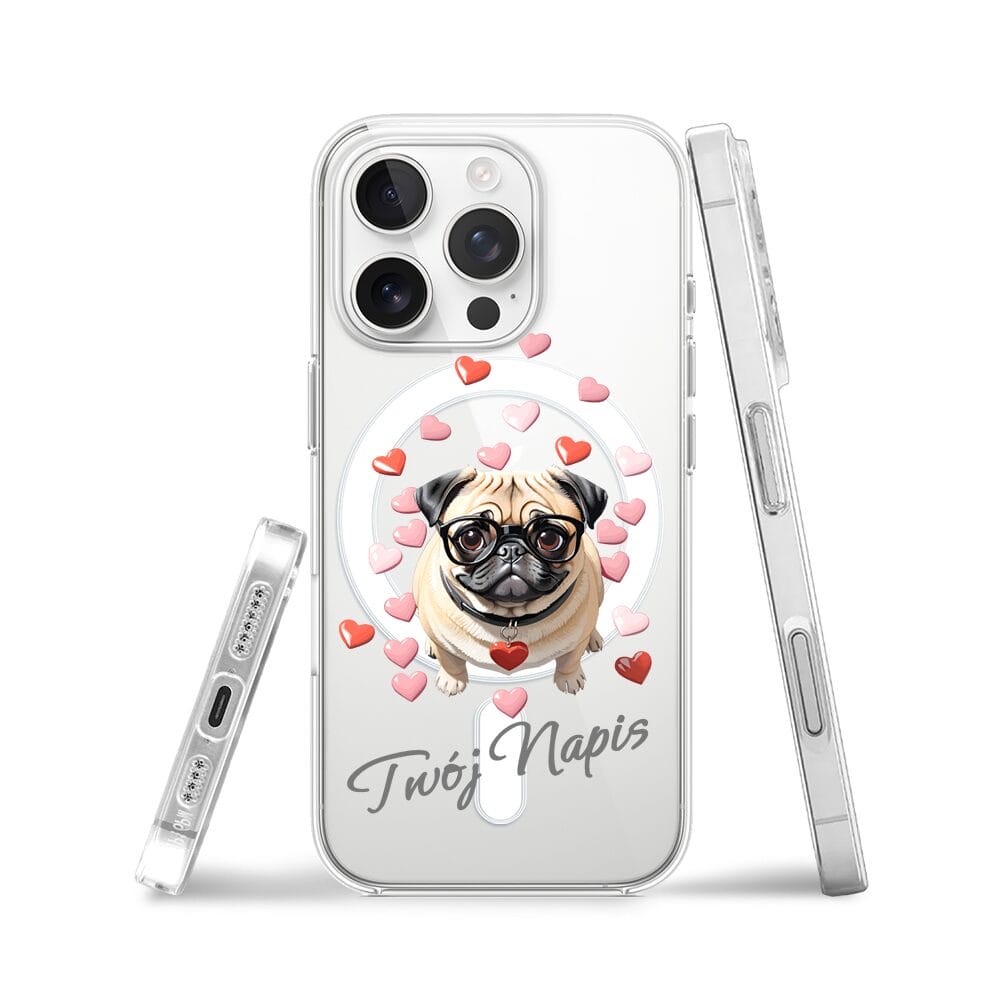 Etui do iPhone 16 Pro z MagSafe przeźroczyste, silikonowe Flexi, Puppy Love, pies rasy Mops - obrazek 3