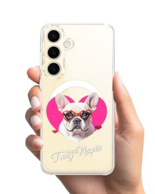 Etui do Samsung Galaxy S24 z MagSafe przeźroczyste, silikonowe Flexi, Puppy Love, pies rasy Buldog Francuski