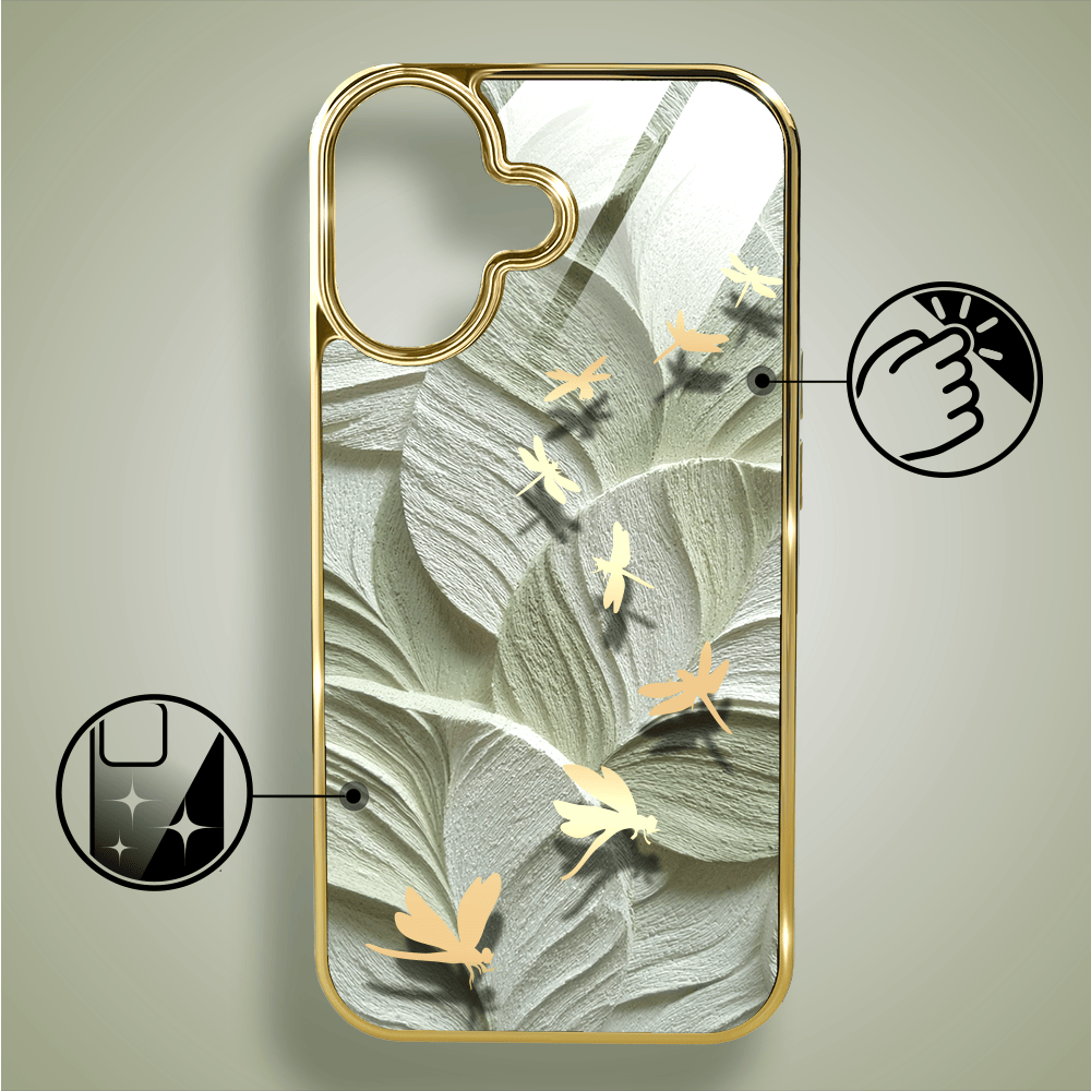 Etui do iPhone 16 IBIZU Elite Glass z MagSafe, Kwiaty, Taniec ważek, złote - obrazek 2