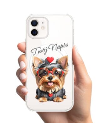 Etui do iPhone 12 z MagSafe przeźroczyste, silikonowe Flexi, Puppy Love, pies rasy York