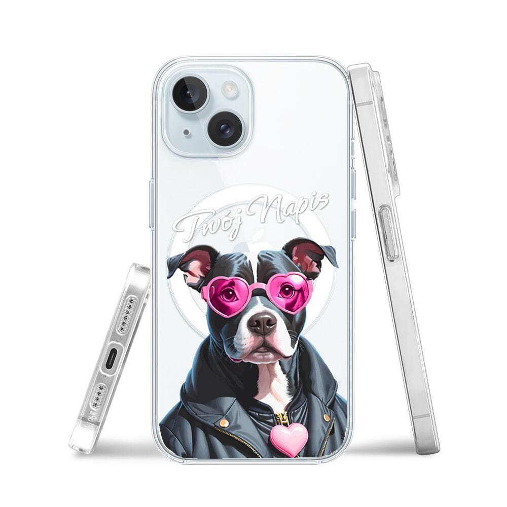 Etui do iPhone 15 z MagSafe przeźroczyste, silikonowe Flexi, Puppy Love, pies rasy Amstaff - obrazek 3
