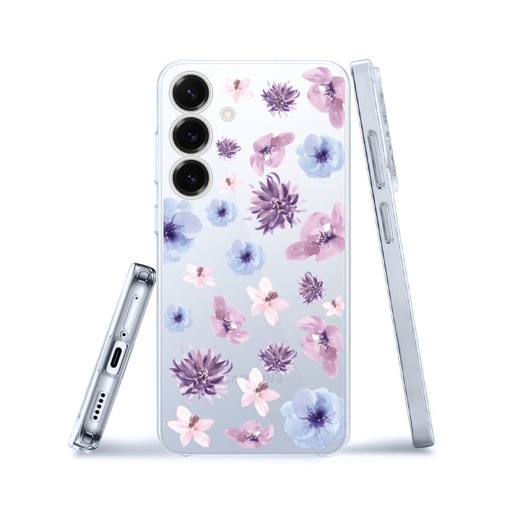 Etui do Samsung Galaxy S25 przeźroczyste, silikonowe Flexi, kwiatki niebieskie, fioletowe - obrazek 3