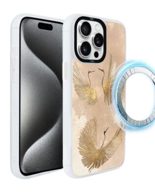Etui do iPhone 15 Pro IBIZU DropGuard Matt z MagSafe, Boho, Złote żurawie