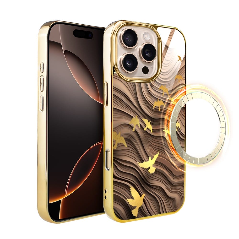 Etui do iPhone 16 Pro IBIZU Elite Glass z MagSafe Zwierzęta, Piaskowa odyseja, złote