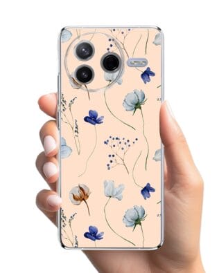 Etui do Xiaomi POCO F7 Pro przeźroczyste, silikonowe Flexi, kwiatki niebieskie na pudrowym tle