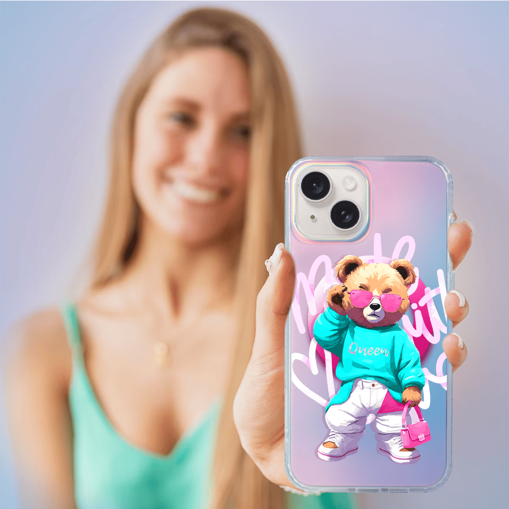 Etui do iPhone 14 IBIZU California Sunset, zmieniające kolor, Pink Queen, stylowy miś - obrazek 5