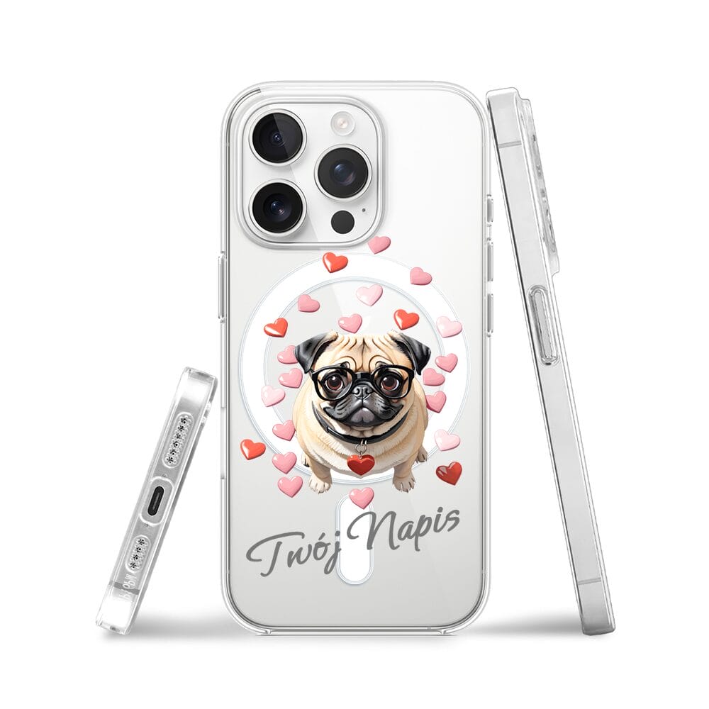 Etui do iPhone 13 Pro z MagSafe przeźroczyste, silikonowe Flexi, Puppy Love, pies rasy Mops - obrazek 3