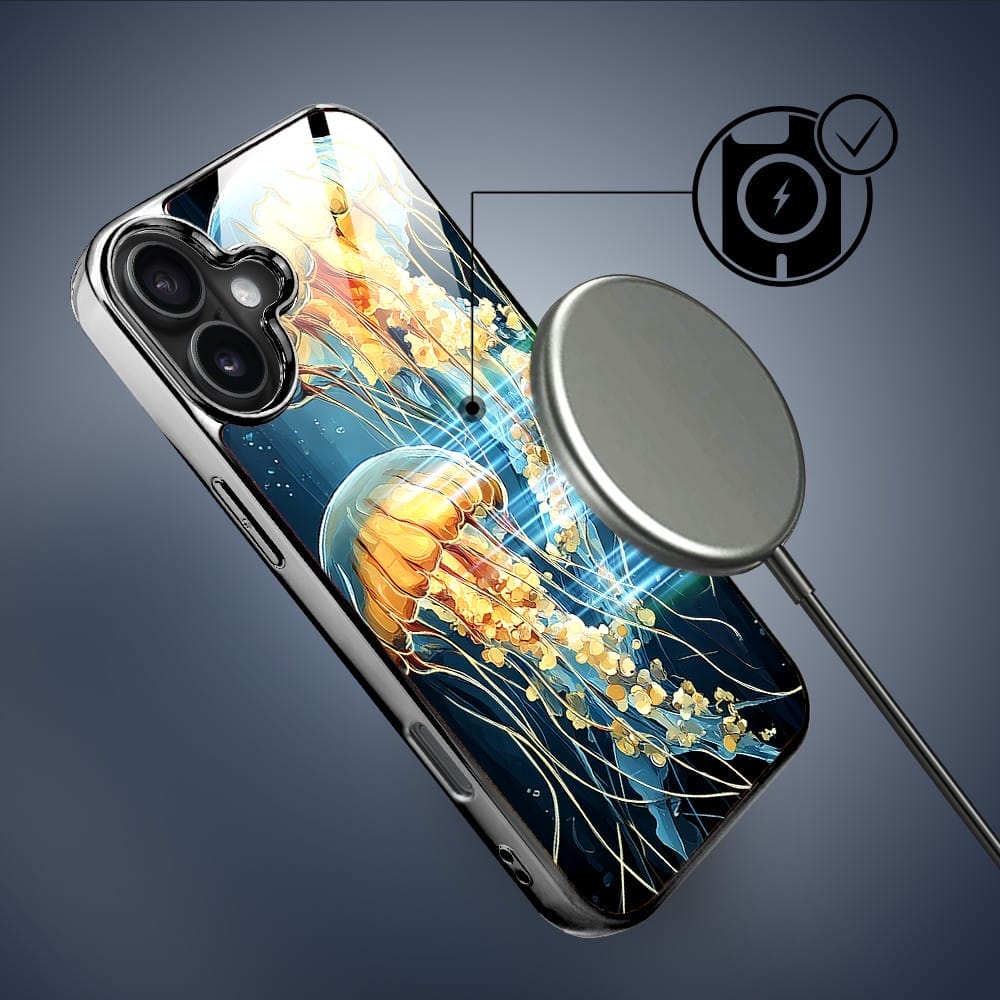 Etui do iPhone 16 IBIZU Elite Glass z MagSafe, Morze, Meduzy w głębinach, czarne - obrazek 7