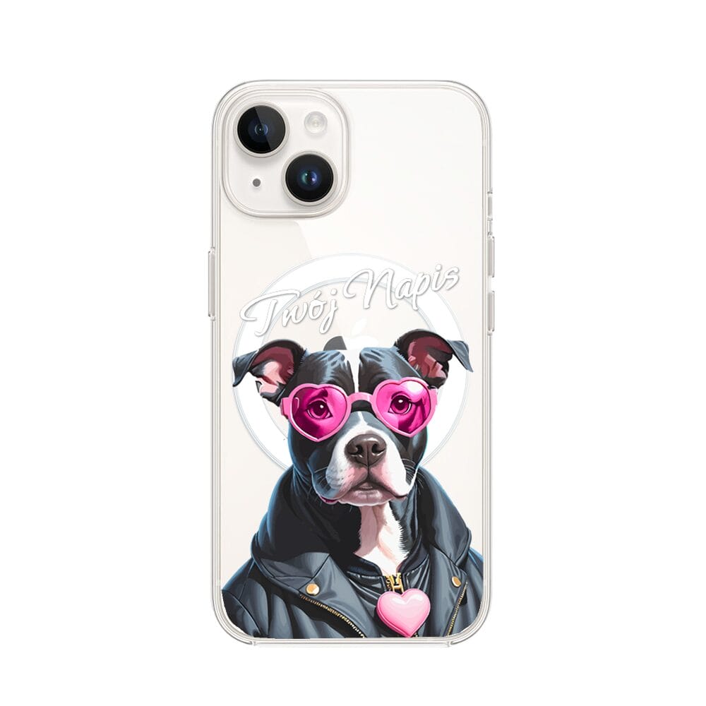 Etui do iPhone 13 Mini z MagSafe przeźroczyste, silikonowe Flexi, Puppy Love, pies rasy Amstaff
