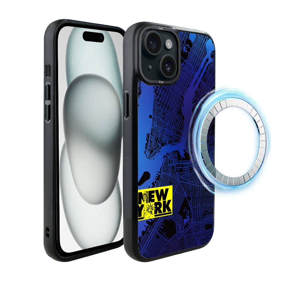 Etui do iPhone 15 IBIZU DropGuard Matt z MagSafe, Mapy Świata, New York