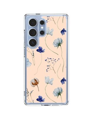 Etui do Samsung Galaxy S25 Ultra z MagSafe przeźroczyste, silikonowe Flexi, kwiatki niebieskie na pudrowym tle