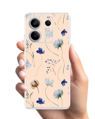Etui do Xiaomi Redmi Note 13 Pro 5G przeźroczyste, silikonowe Flexi, kwiatki niebieskie na pudrowym tle