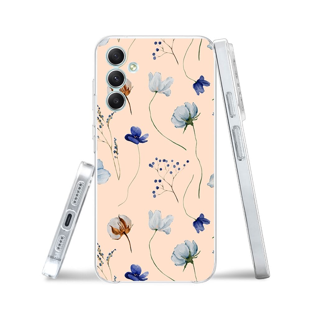 Etui do Samsung Galaxy A34 5G przeźroczyste, silikonowe Flexi, kwiatki niebieskie na pudrowym tle - obrazek 3