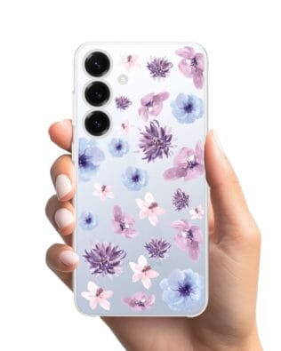 Etui do Samsung Galaxy S25 Plus przeźroczyste, silikonowe Flexi, kwiatki niebieskie, fioletowe