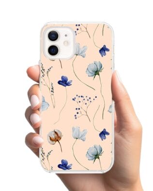 Etui do iPhone 12 Mini przeźroczyste, silikonowe Flexi, kwiatki niebieskie na pudrowym tle