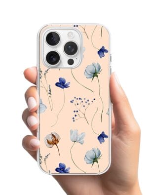 Etui do iPhone 15 Pro Max przeźroczyste, silikonowe Flexi, kwiatki niebieskie na pudrowym tle