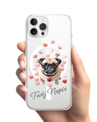 Etui do iPhone 12 Pro z MagSafe przeźroczyste, silikonowe Flexi, Puppy Love, pies rasy Mops