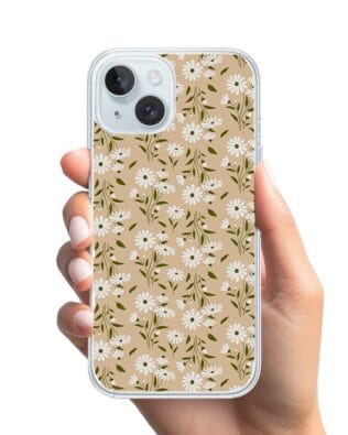 Etui do iPhone 15 z MagSafe przeźroczyste, silikonowe Flexi, delikatne kwiatki na cielistym tle