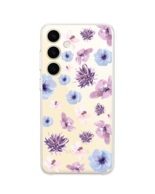 Etui do Samsung Galaxy S24 przeźroczyste, silikonowe Flexi, kwiatki niebieskie, fioletowe