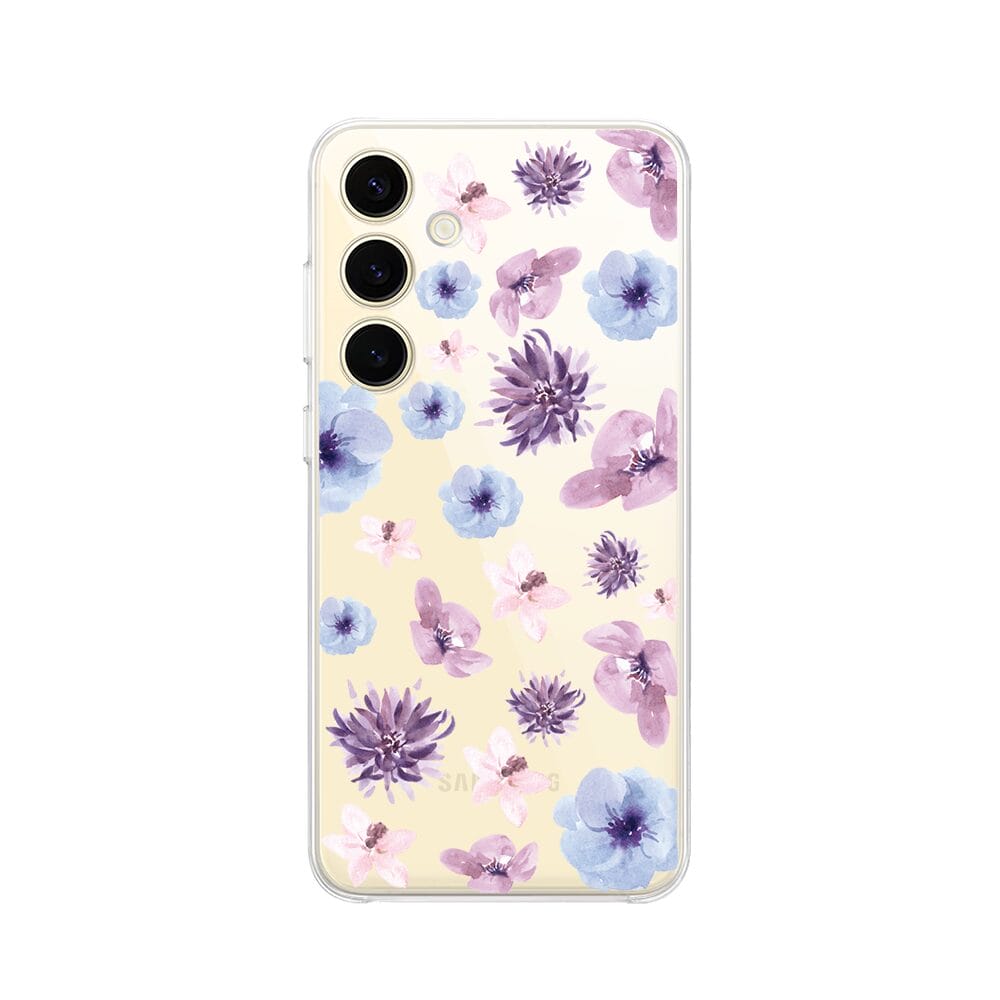 Etui do Samsung Galaxy S24 przeźroczyste, silikonowe Flexi, kwiatki niebieskie, fioletowe