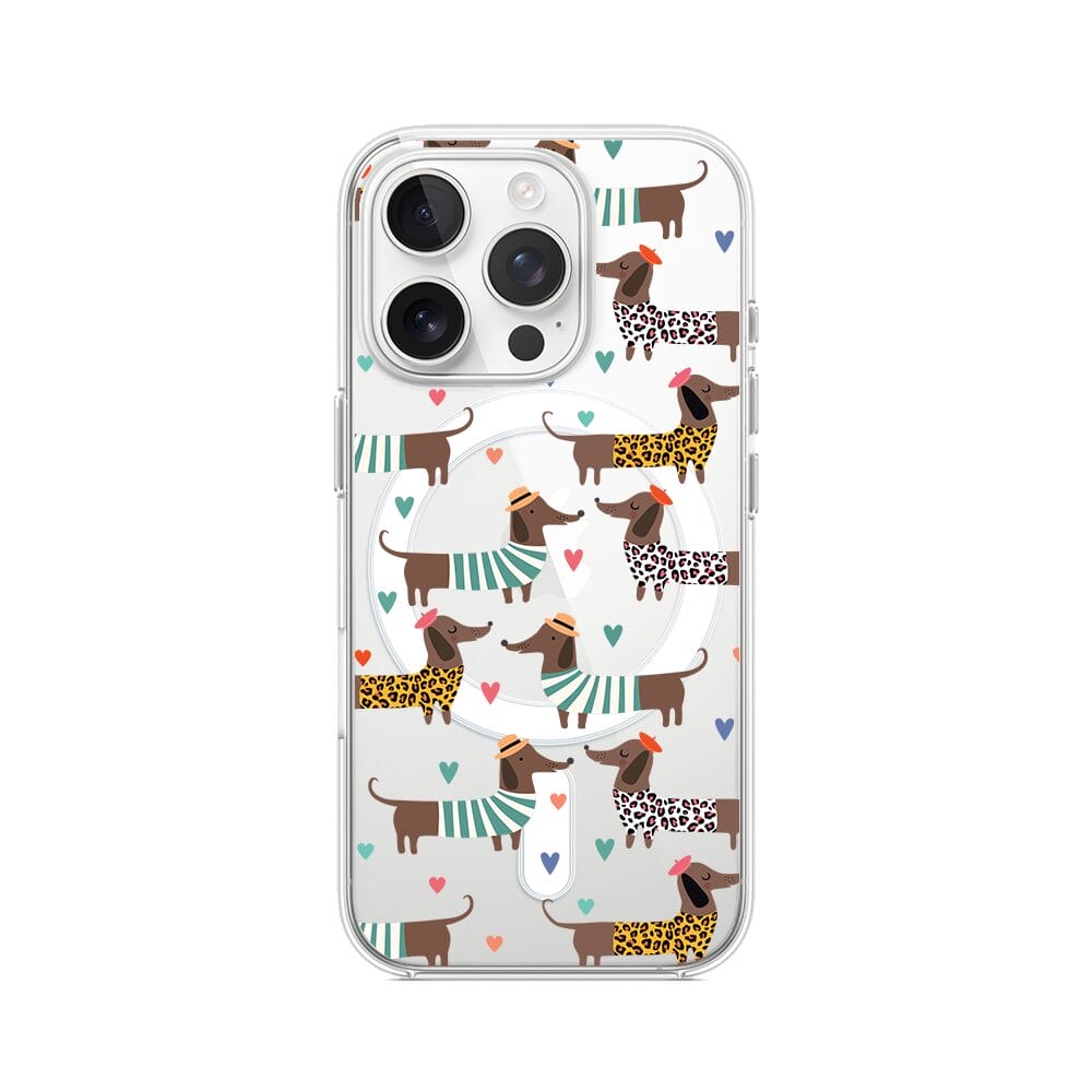 Etui do iPhone 16 Pro Max z MagSafe przeźroczyste, silikonowe Flexi, zakochane jamniki