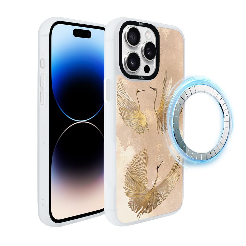 Etui do iPhone 14 Pro IBIZU DropGuard Matt z MagSafe, Boho, Złote żurawie