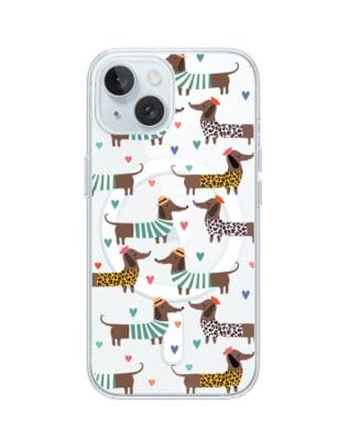 Etui do iPhone 15 Plus z MagSafe przeźroczyste, silikonowe Flexi, zakochane jamniki