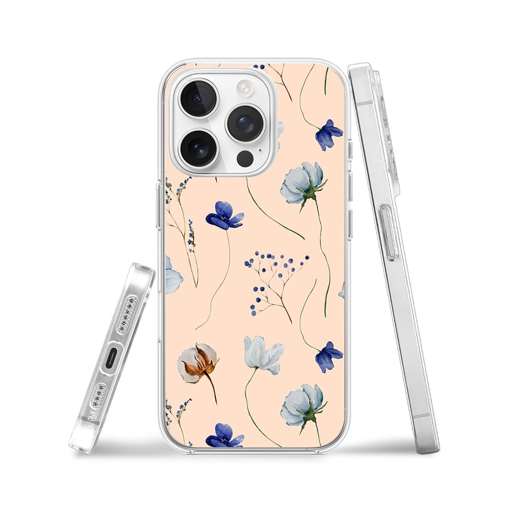 Etui do iPhone 14 Pro przeźroczyste, silikonowe Flexi, kwiatki niebieskie na pudrowym tle - obrazek 3