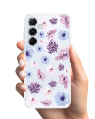 Etui do Samsung Galaxy A35 5G przeźroczyste, silikonowe Flexi, kwiatki niebieskie, fioletowe