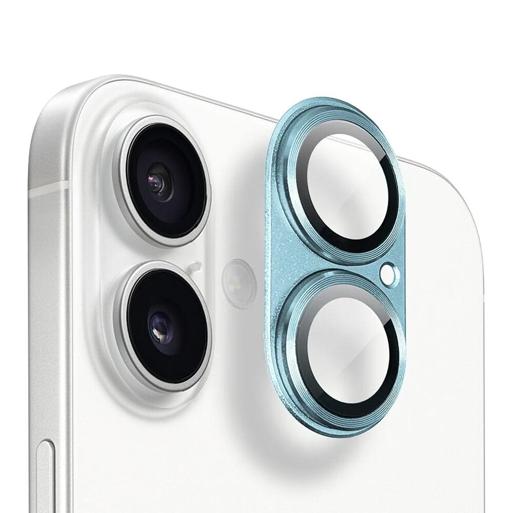 Metalowa osłona na cały aparat z wbudowanymi szkłami do iPhone 16, niebieska - obrazek 2