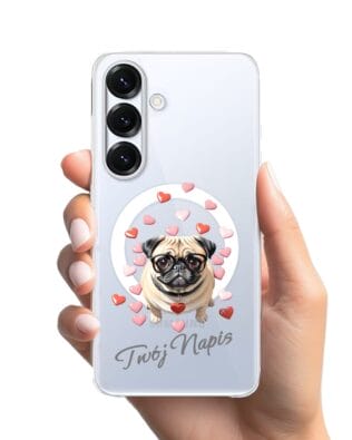 Etui do Samsung Galaxy S25 Plus z MagSafe przeźroczyste, silikonowe Flexi, Puppy Love, pies rasy Mops
