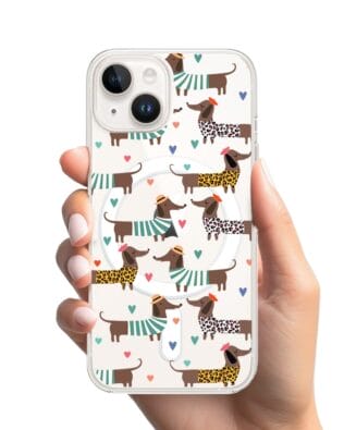 Etui do iPhone 14 Plus z MagSafe przeźroczyste, silikonowe Flexi, zakochane jamniki