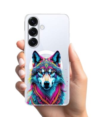 Etui do Samsung Galaxy S25 z MagSafe przeźroczyste, silikonowe Flexi, Dzika Mandala, Wilk