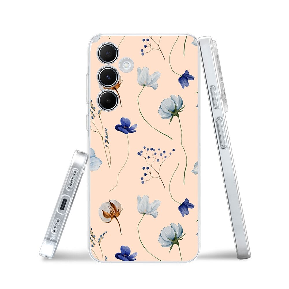 Etui do Samsung Galaxy A55 5G przeźroczyste, silikonowe Flexi, kwiatki niebieskie na pudrowym tle - obrazek 3