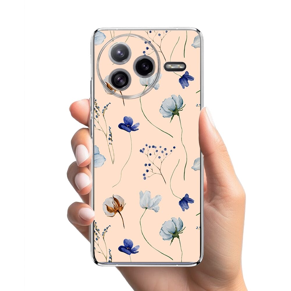 Etui do Xiaomi POCO F7 Ultra przeźroczyste, silikonowe Flexi, kwiatki niebieskie na pudrowym tle - obrazek 2